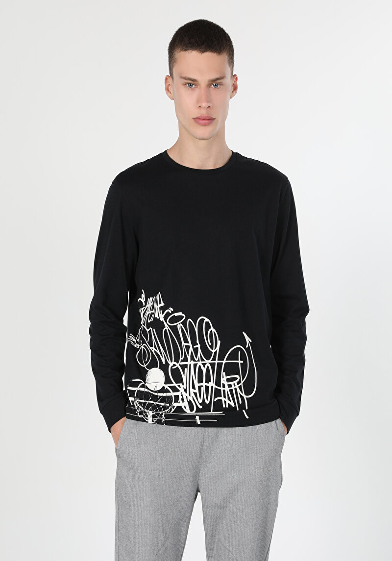 Afișați detalii pentru Tricou Cu Maneca Lunga De Barbati Negru Regular Fit  Cl1059596