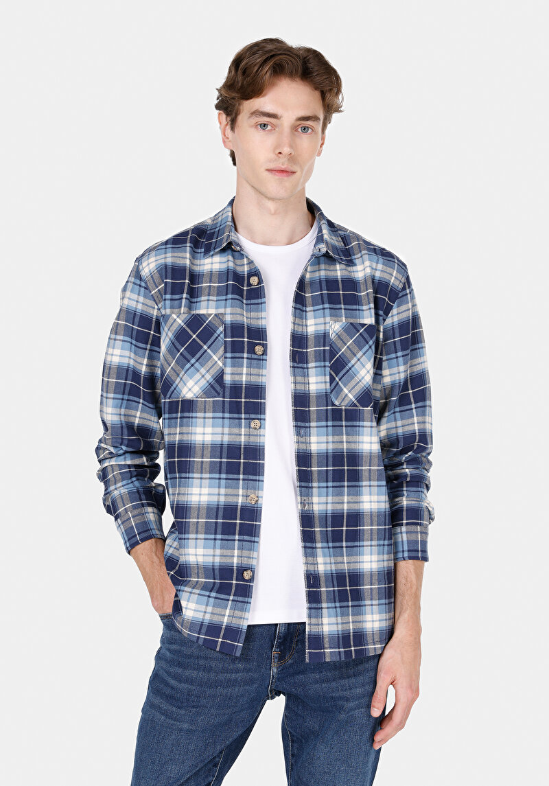 Imagine a Cămașă Cu Gât În Carouri Cămașă Albastră Cu Mânecă Lungă Pentru Bărbați