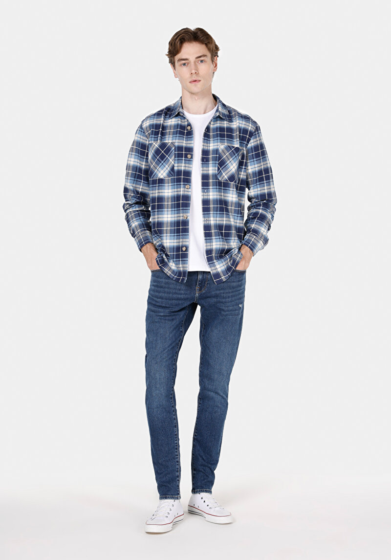 Afișați detalii pentru Cămașă Cu Gât În Carouri Cămașă Albastră Cu Mânecă Lungă Pentru Bărbați