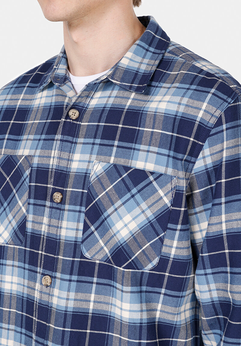 Afișați detalii pentru Cămașă Cu Gât În Carouri Cămașă Albastră Cu Mânecă Lungă Pentru Bărbați