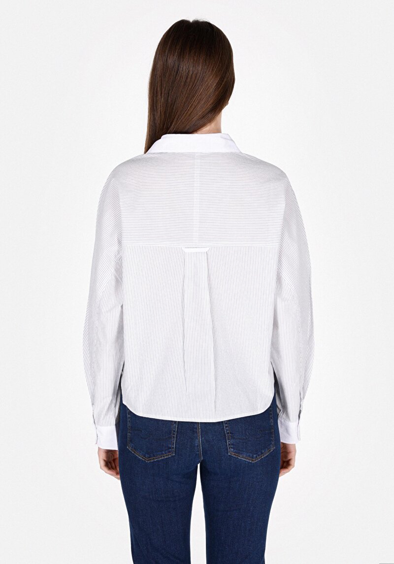 Afișați detalii pentru Cămașă Cu Dungi Cămașă Albastră Cu Mânecă Lungă Pentru Femei