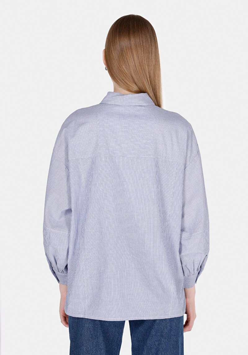 Imagine a Cămașă Relaxată Cu Dungi Cămașă Albastră Cu Mânecă 3/4 Pentru Femei