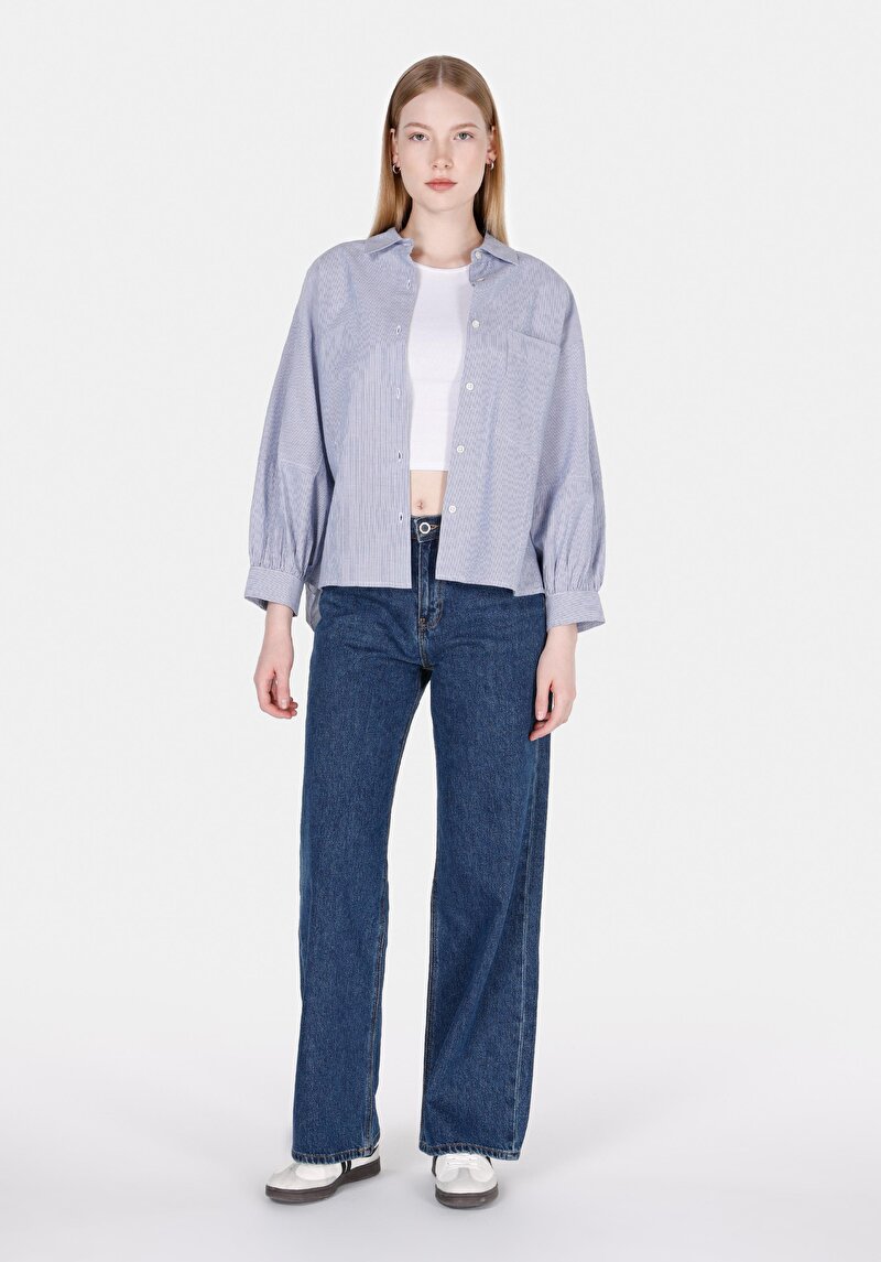 Afișați detalii pentru Cămașă Relaxată Cu Dungi Cămașă Albastră Cu Mânecă 3/4 Pentru Femei