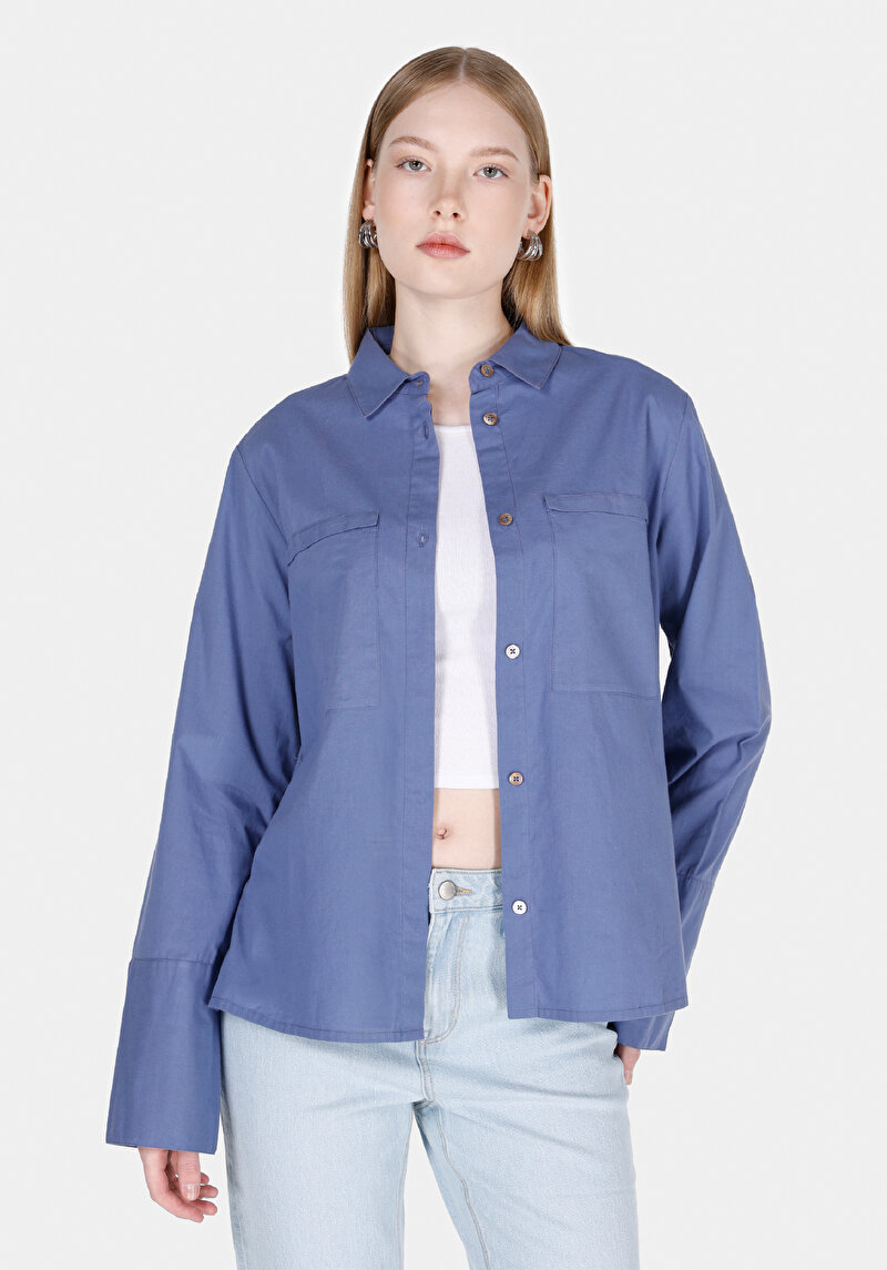 Afișați detalii pentru Regular Fit Cămașă Decolteu Drept Cămașă Albastră Manșon Lung Pentru Femei