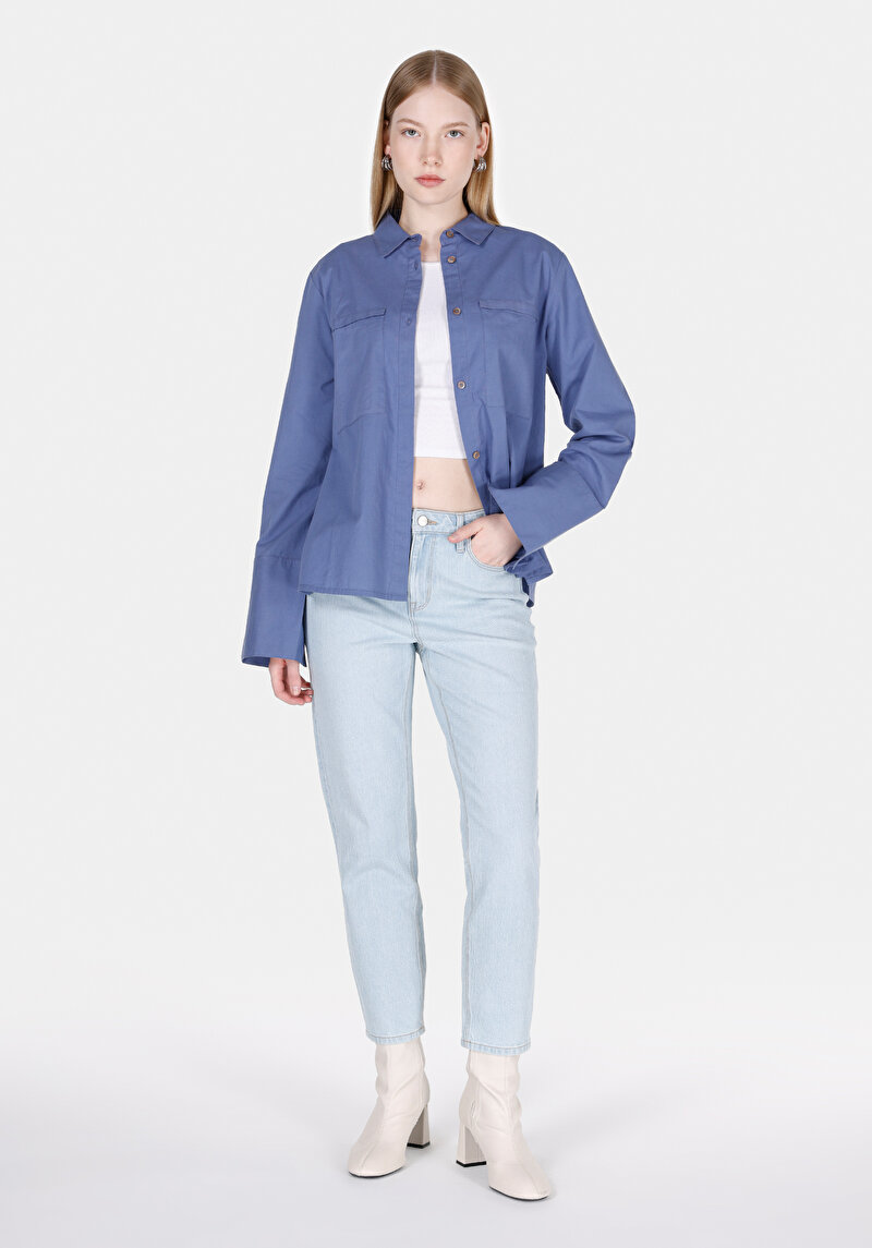 Afișați detalii pentru Regular Fit Cămașă Decolteu Drept Cămașă Albastră Manșon Lung Pentru Femei