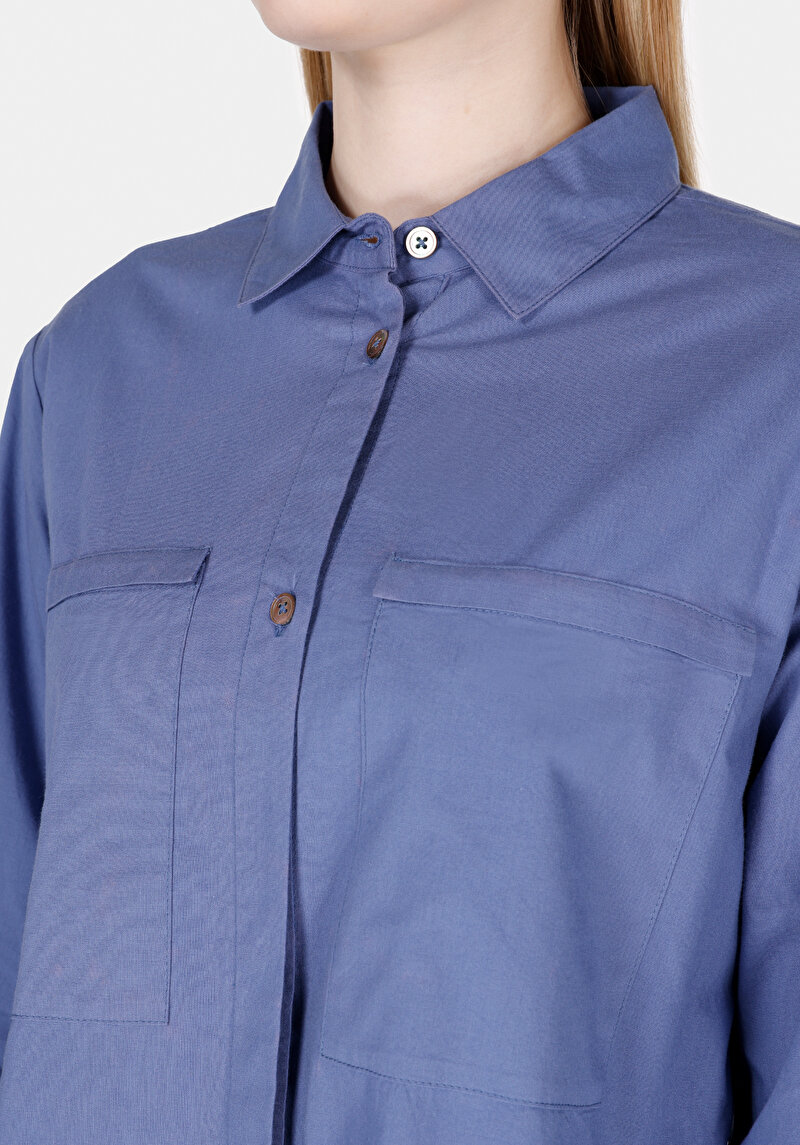 Imagine a Regular Fit Cămașă Decolteu Drept Cămașă Albastră Manșon Lung Pentru Femei