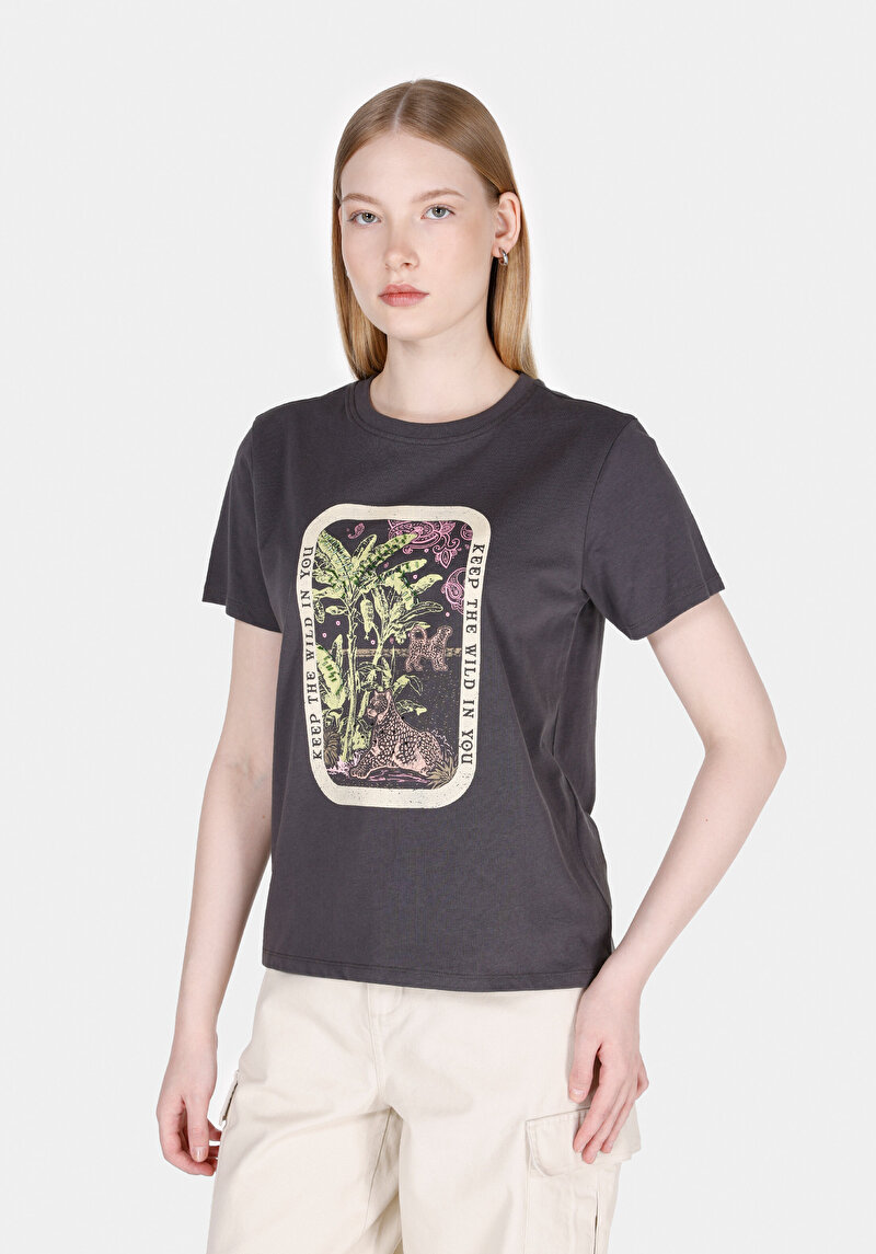 Imagine a Regular Fit Rotund Neck Imprimat Tricou Antracit Manșon Scurt Pentru Femei