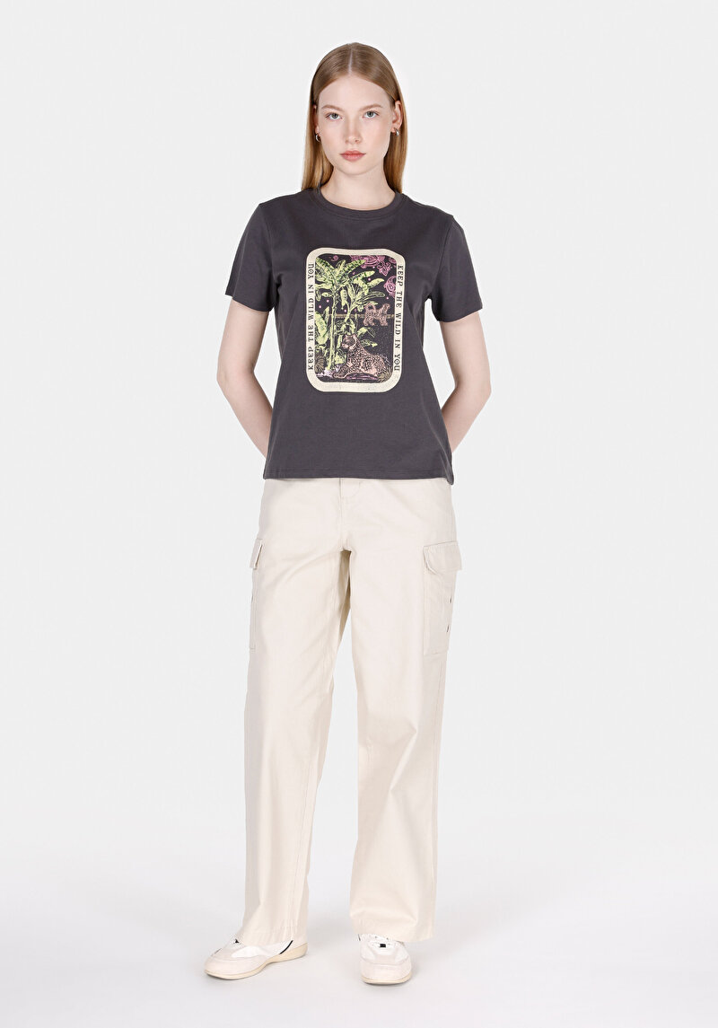 Imagine a Regular Fit Rotund Neck Imprimat Tricou Antracit Manșon Scurt Pentru Femei