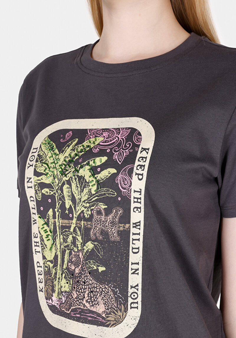 Imagine a Regular Fit Rotund Neck Imprimat Tricou Antracit Manșon Scurt Pentru Femei