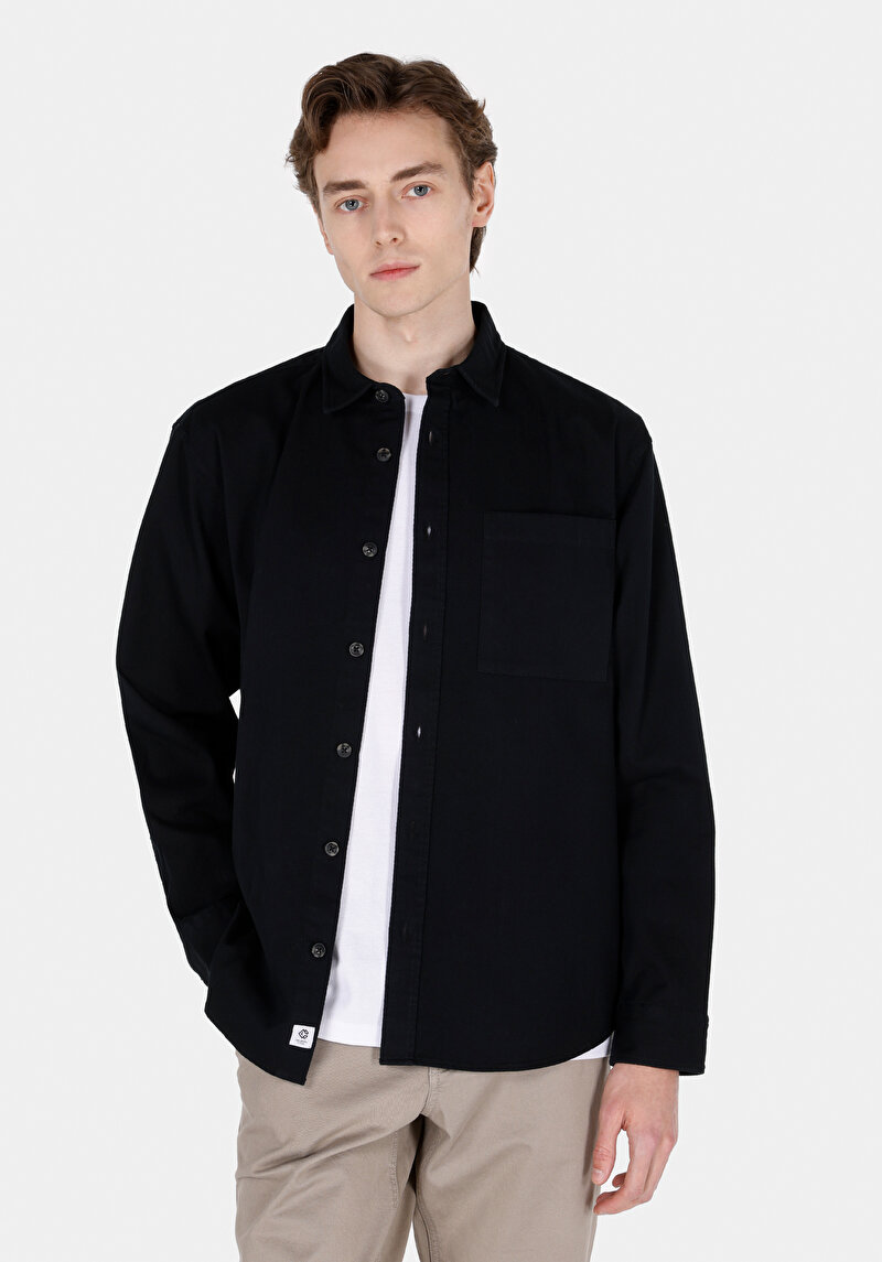 Afișați detalii pentru Cămașă Comfort Fit Neck Drept Bărbați Negru Cămașă Cu Mânecă Lungă