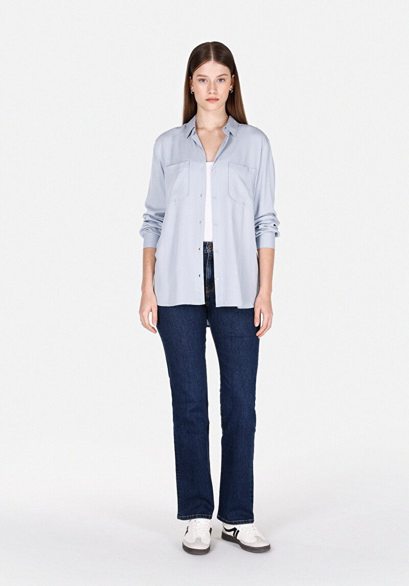 Afișați detalii pentru Cămașă Regular Fit Neck Drept Cămașă Albastră Roll-Up Pentru Femei