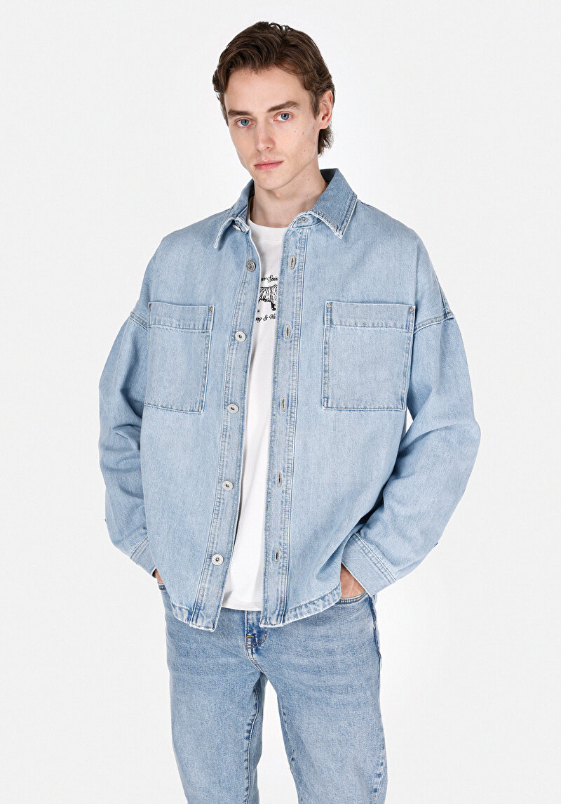 Imagine a Camasa Cu Maneca Lunga De Barbati Albastru Oversize Fit  Cl1074017