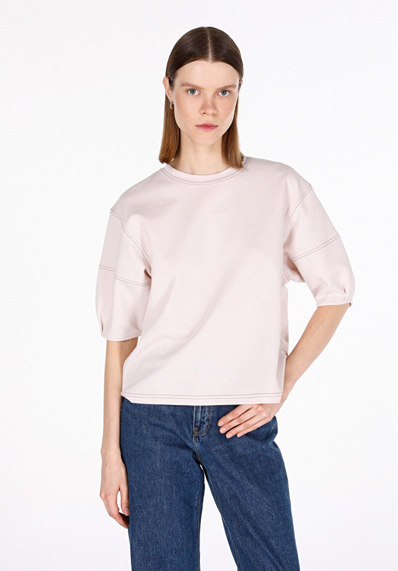 Imagine a Regular Fit Round Neck Drept Pentru Femei Bej Tricou Cu Mânecă Scurtă