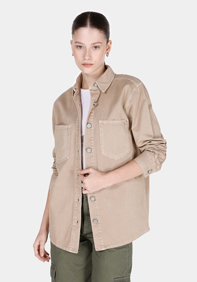 Imagine a Regular Fit Classic Collar Cămașă Cu Mânecă Lungă Din Denim Pentru Femei