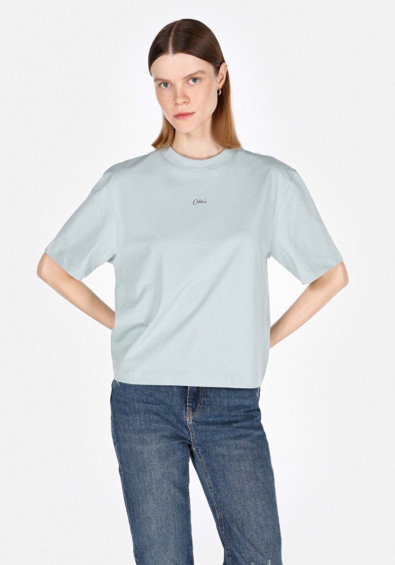 Imagine a Regular Fit Round Neck Drept Tricou Cu Mânecă Scurtă Verde Pentru Femei