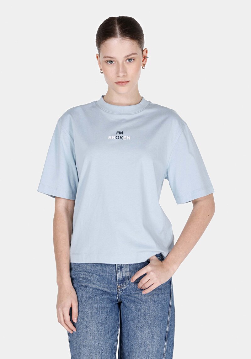 Imagine a Regular Fit Round Neck Imprimat Tricou Albastru Cu Mânecă Scurtă Pentru Femei