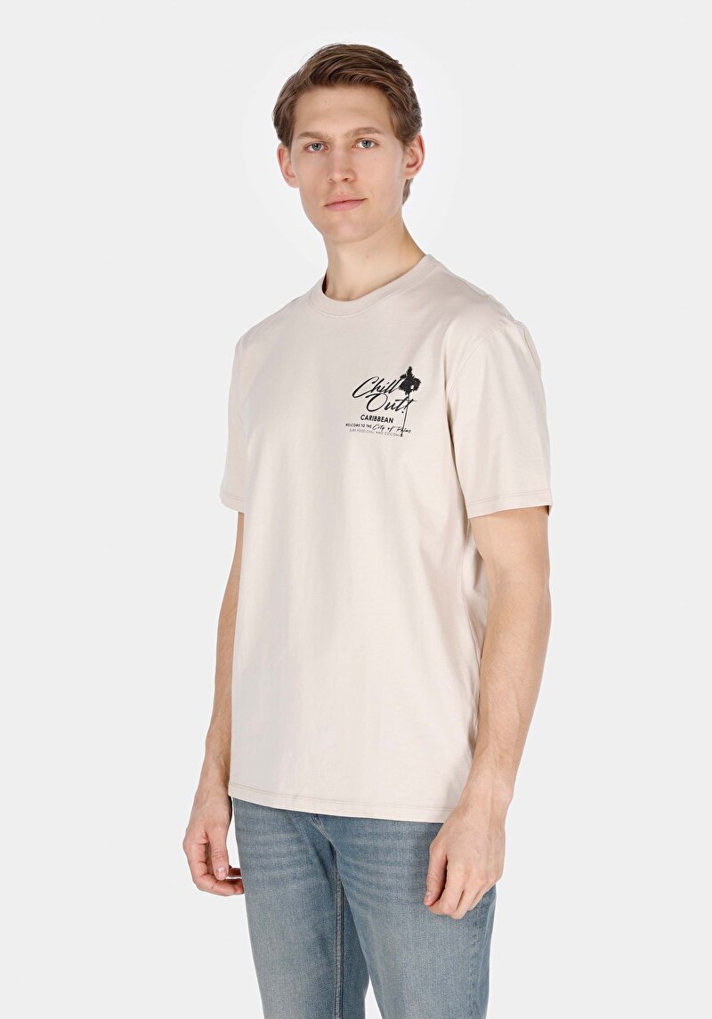 Imagine a Comfort Fit Round Neck Drept Bărbați Bej Tricou Cu Mânecă Scurtă