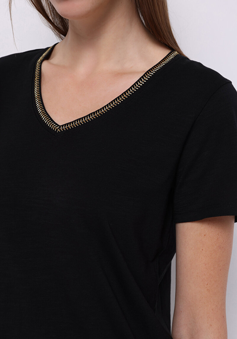 Imagine a Regular Fit V-Neck Drept Negru Tricou Manșon Scurt Pentru Femei