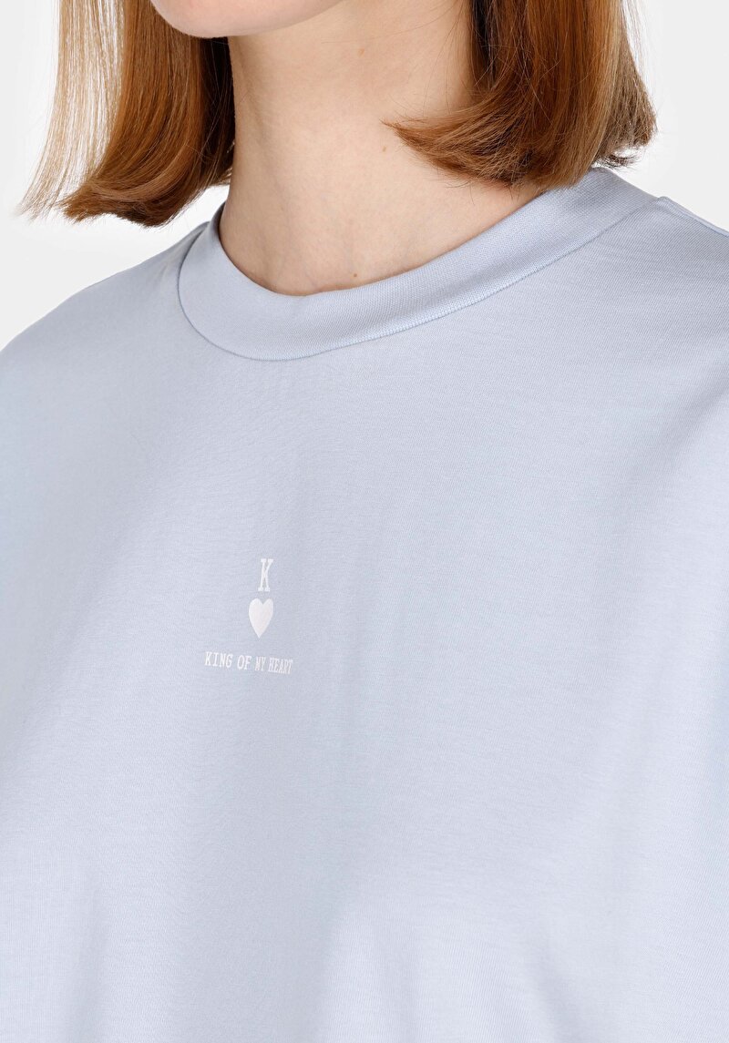 Imagine a Regular Fit Round Neck Imprimat Tricou Albastru Cu Mânecă Scurtă Pentru Femei