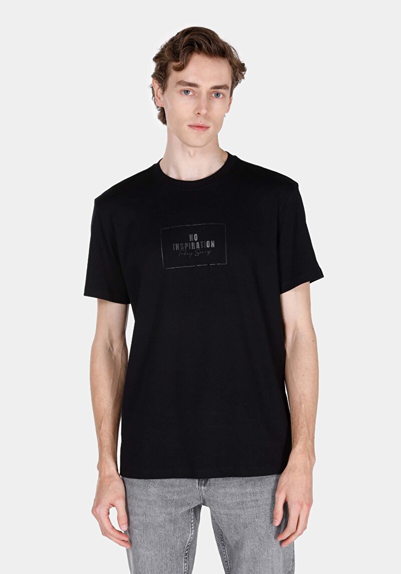 Imagine a Regular Fit Round Neck Drept Bărbați Negru Tricou Cu Mânecă Scurtă