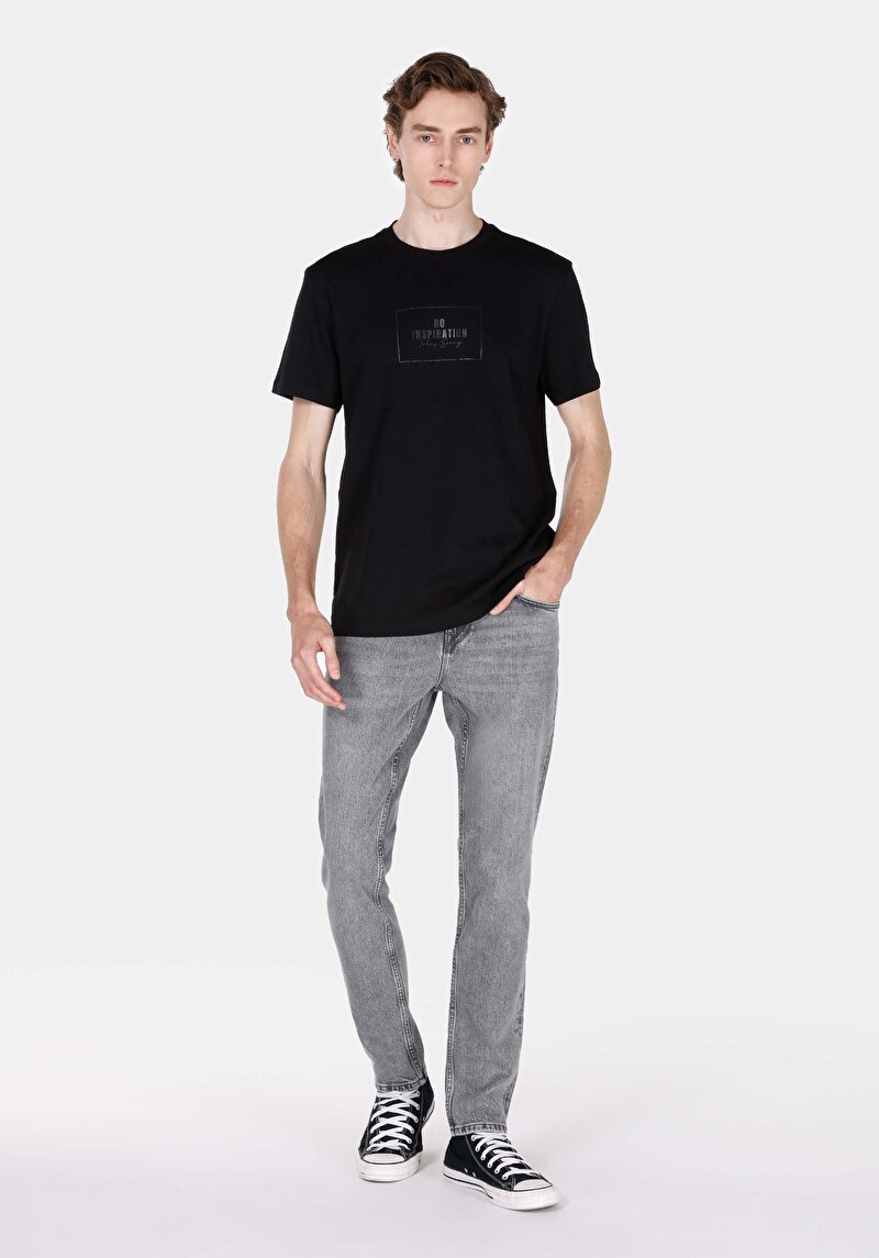 Imagine a Regular Fit Round Neck Drept Bărbați Negru Tricou Cu Mânecă Scurtă