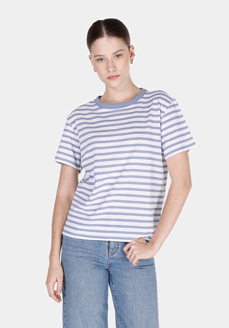 Imagine a Regular Fit Round Neck Striped Tricou Albastru Cu Mânecă Scurtă Pentru Femei