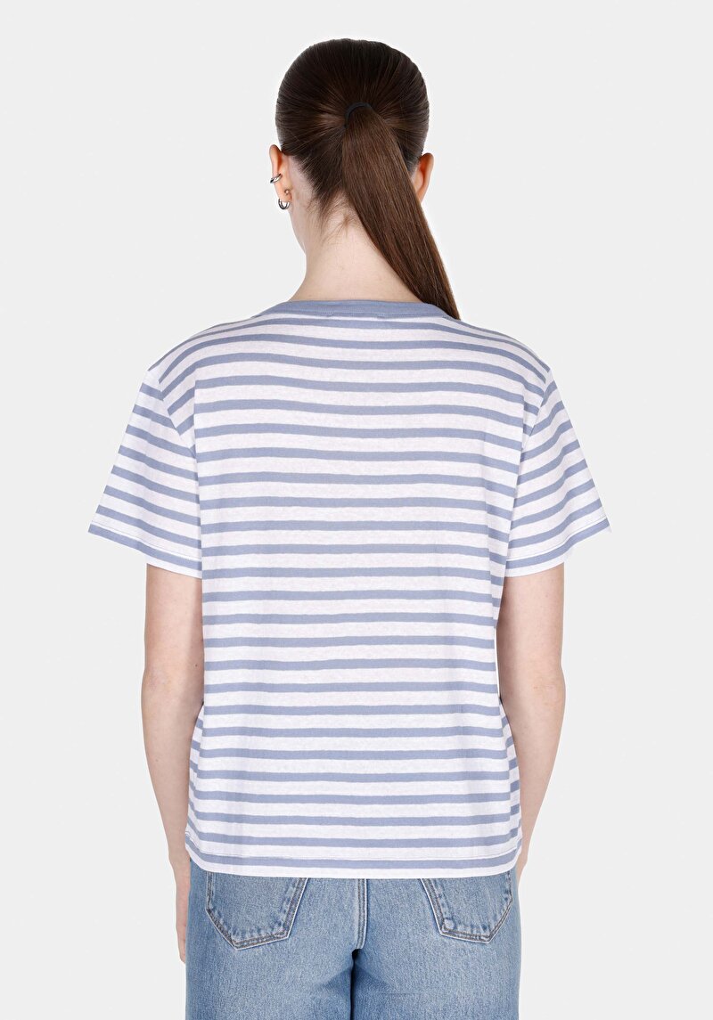 Afișați detalii pentru Regular Fit Round Neck Striped Tricou Albastru Cu Mânecă Scurtă Pentru Femei