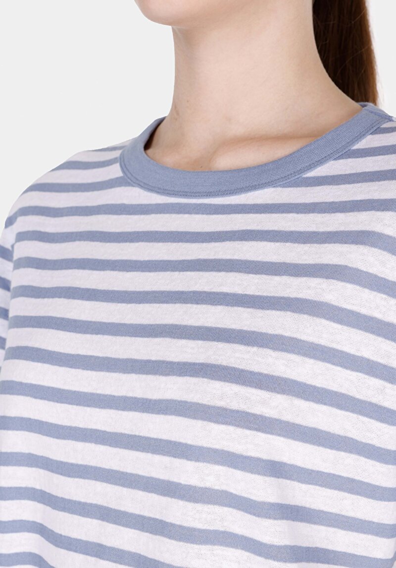 Imagine a Regular Fit Round Neck Striped Tricou Albastru Cu Mânecă Scurtă Pentru Femei