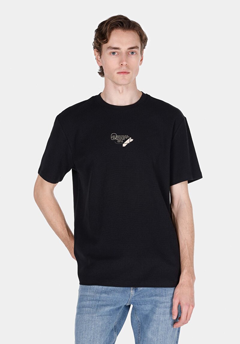 Imagine a Comfort Fit Round Neck Jacquard Tricou Negru Cu Mânecă Scurtă Pentru Bărbați