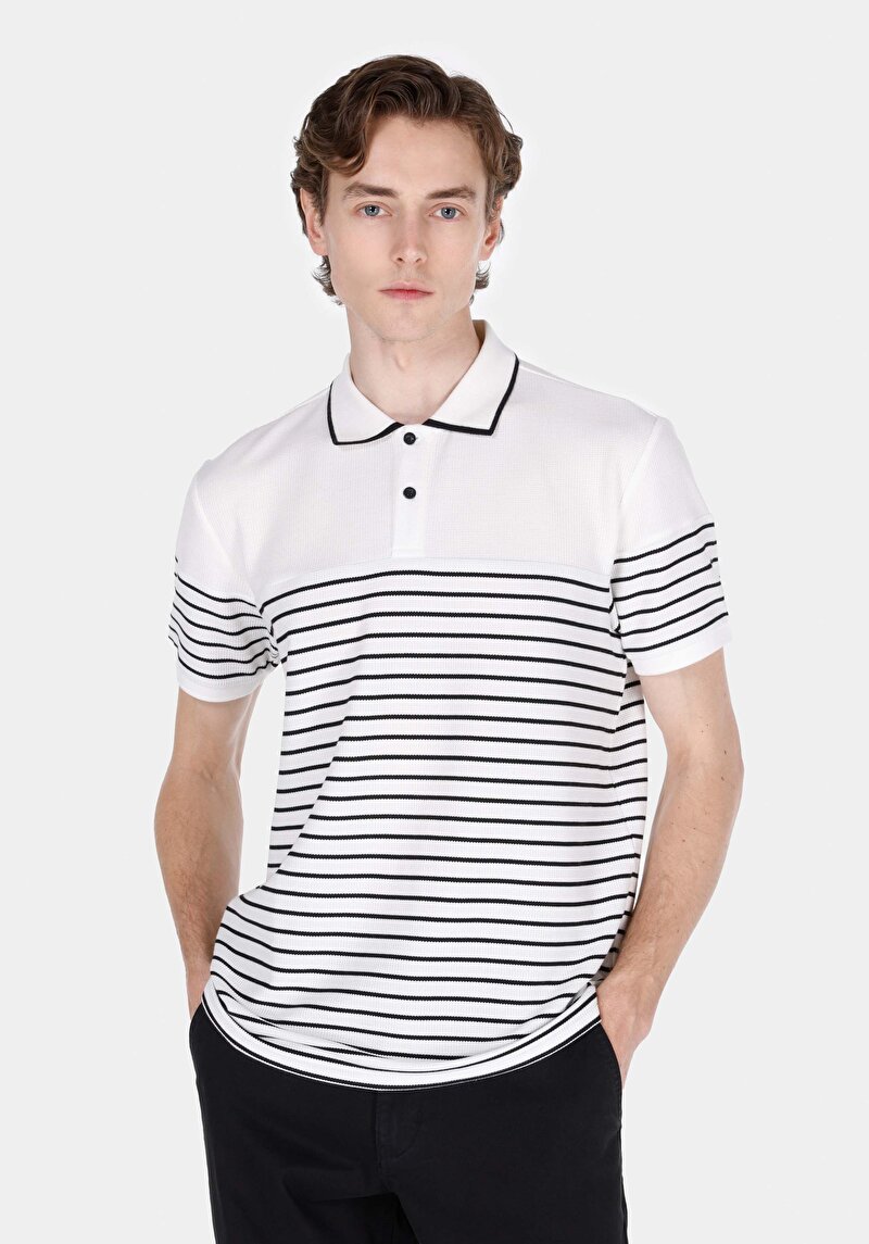 Imagine a Regular Fit Polo Neck Jacquard Bărbați Alb Tricou Cu Mânecă Scurtă