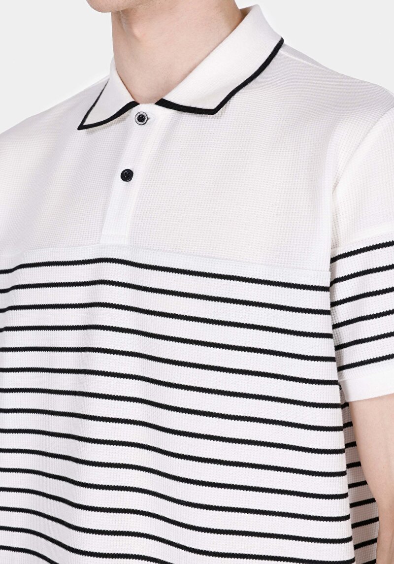 Afișați detalii pentru Regular Fit Polo Neck Jacquard Bărbați Alb Tricou Cu Mânecă Scurtă