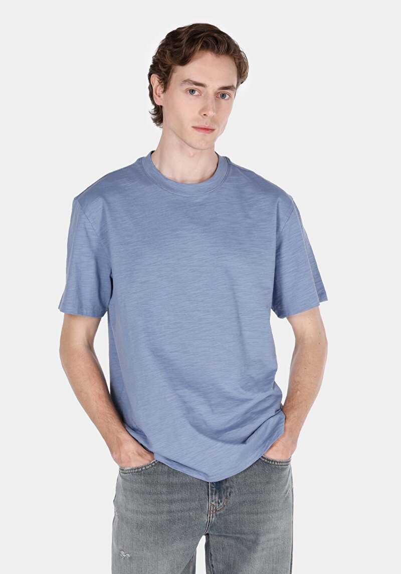 Imagine a Comfort Fit Round Neck Drept Bărbați Albastru Tricou Cu Mânecă Scurtă