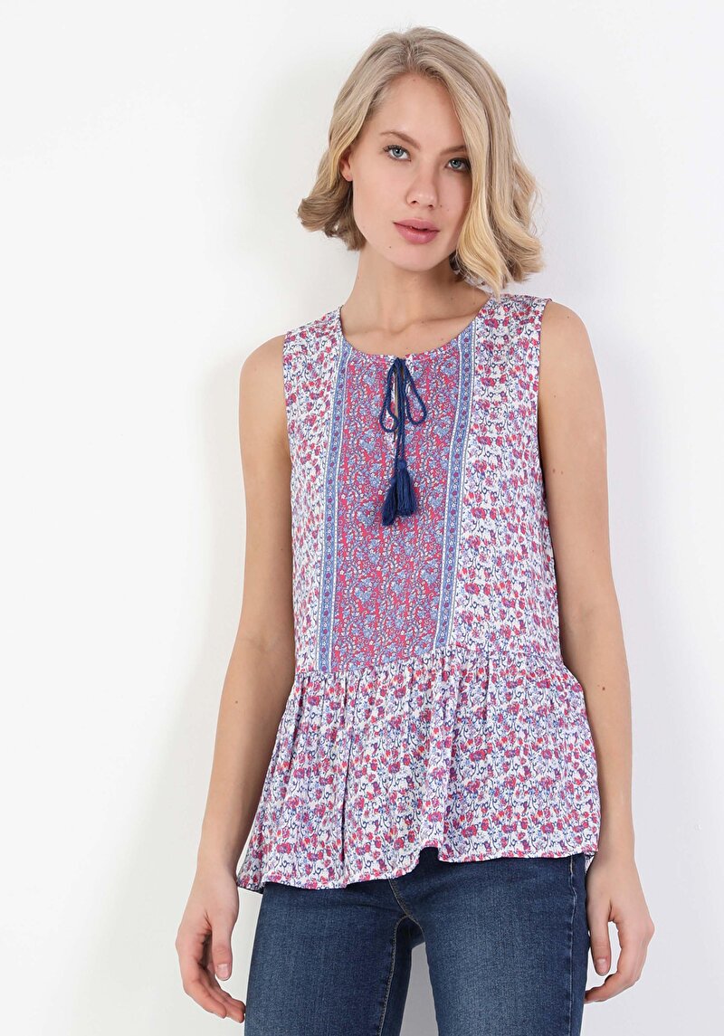 Imagine a Bluză Cu Guler Rotund Adânc Cămașă Fără Mâneci Albastră Pentru Femei