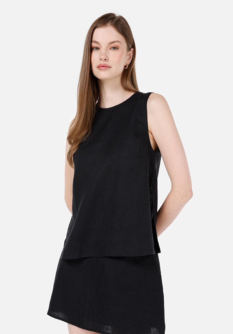 Imagine a Slim Fit Round Collar Drept Cămașă Neagră Fără Manșon Pentru Femei
