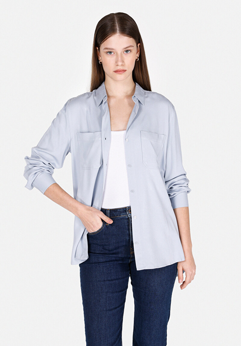 Imagine a Cămașă Regular Fit Neck Drept Cămașă Albastră Roll-Up Pentru Femei