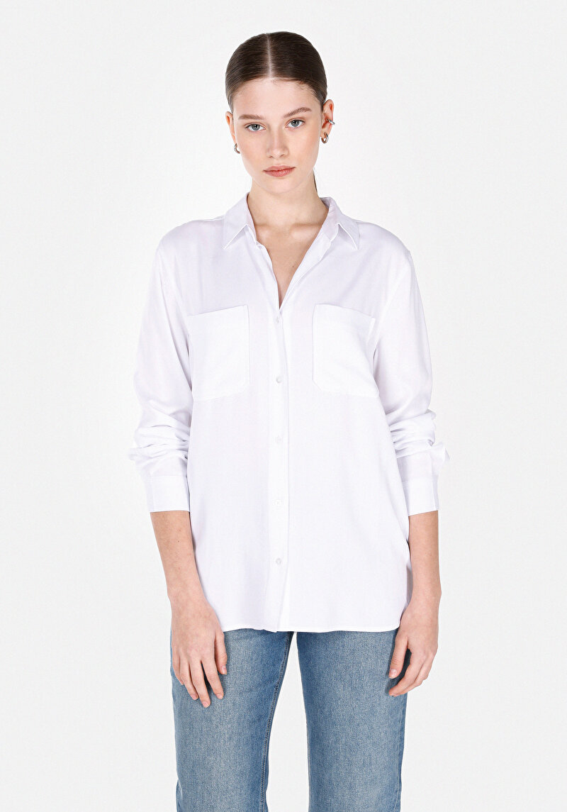 Imagine a Cămașă Regular Fit Neck Drept Cămașă Albă Roll-Up Pentru Femei