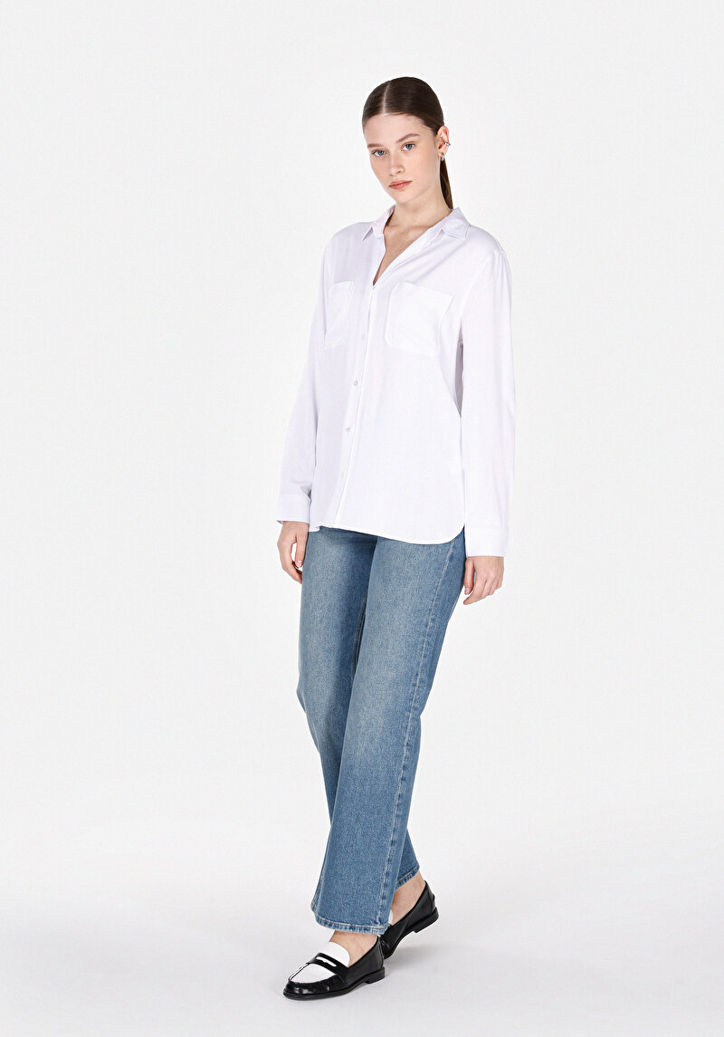 Afișați detalii pentru Cămașă Regular Fit Neck Drept Cămașă Albă Roll-Up Pentru Femei