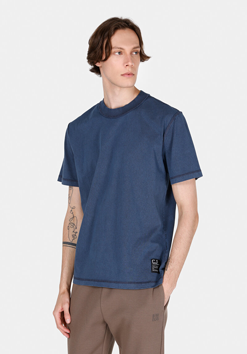 Imagine a Comfort Fit Round Neck Drept Bărbați Albastru Tricou Cu Mânecă Scurtă