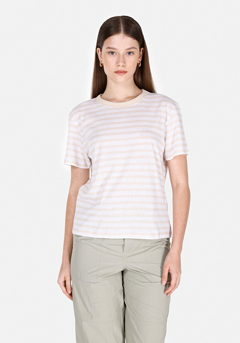 Imagine a Regular Fit Round Neck Striped Tricou Cu Mânecă Scurtă Bej Pentru Femei