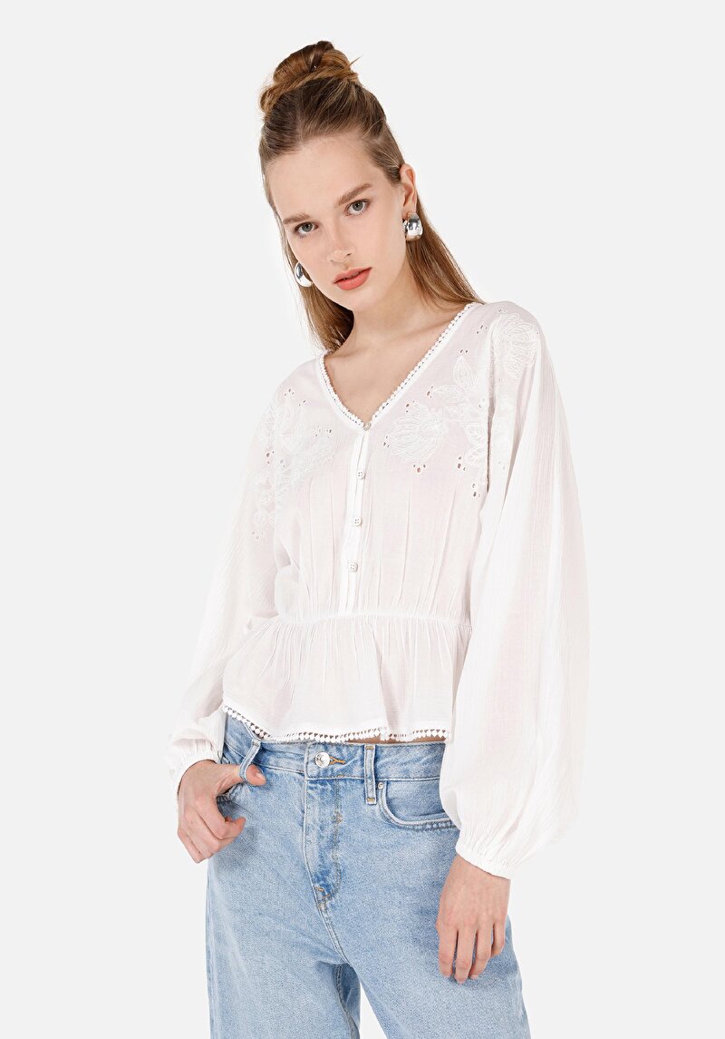 Imagine a Regular Fit V-Neck Drept Cămașă Albă Cu Mânecă Lungă Pentru Femei