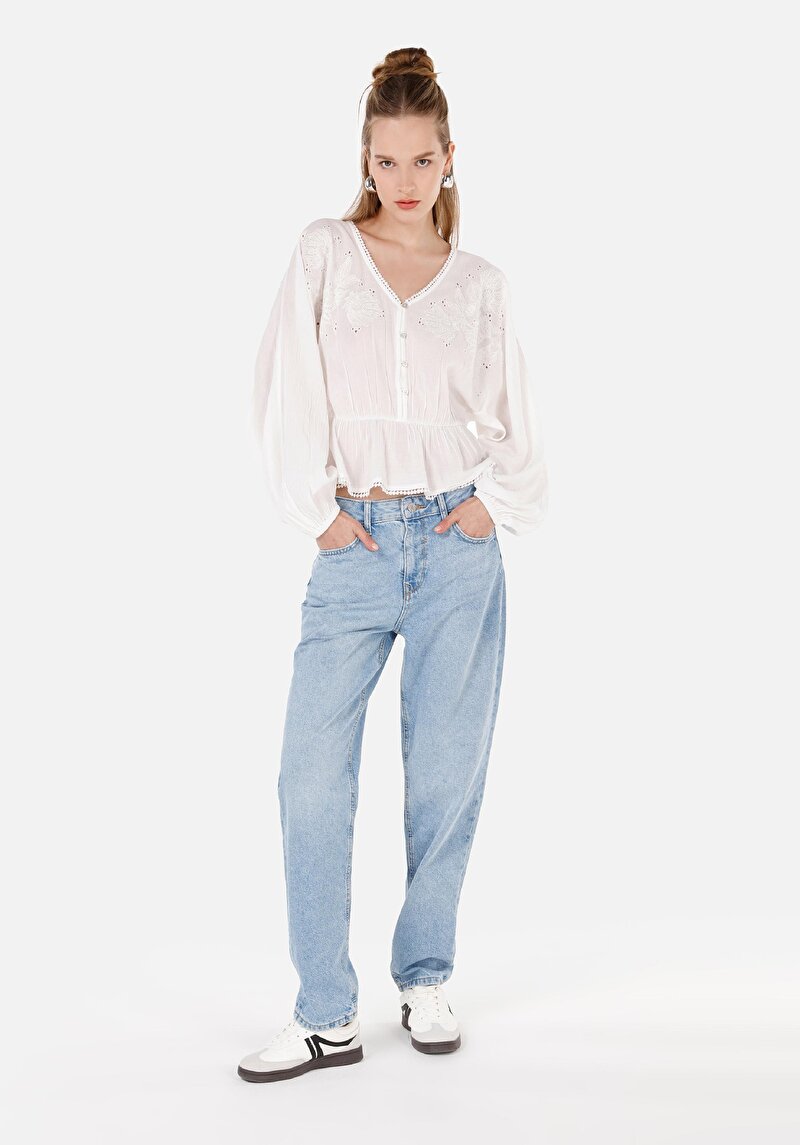 Afișați detalii pentru Regular Fit V-Neck Drept Cămașă Albă Cu Mânecă Lungă Pentru Femei