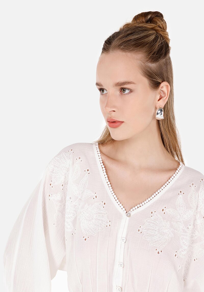 Afișați detalii pentru Regular Fit V-Neck Drept Cămașă Albă Cu Mânecă Lungă Pentru Femei