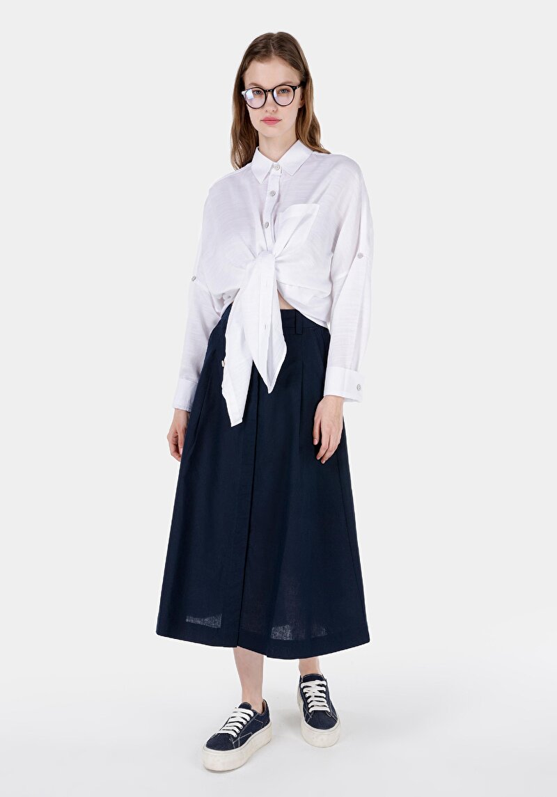 Imagine a Fusta Midi Flat Button Fusta Bleumarin Pentru Femei