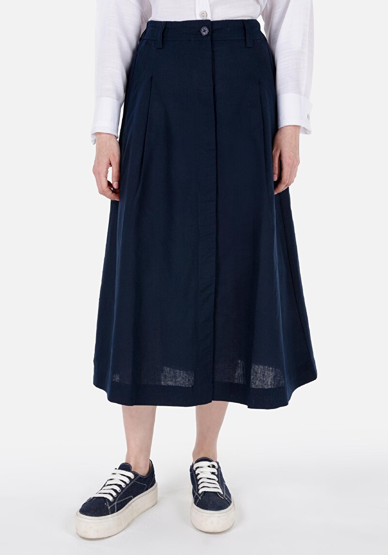 Imagine a Fusta Midi Flat Button Fusta Bleumarin Pentru Femei