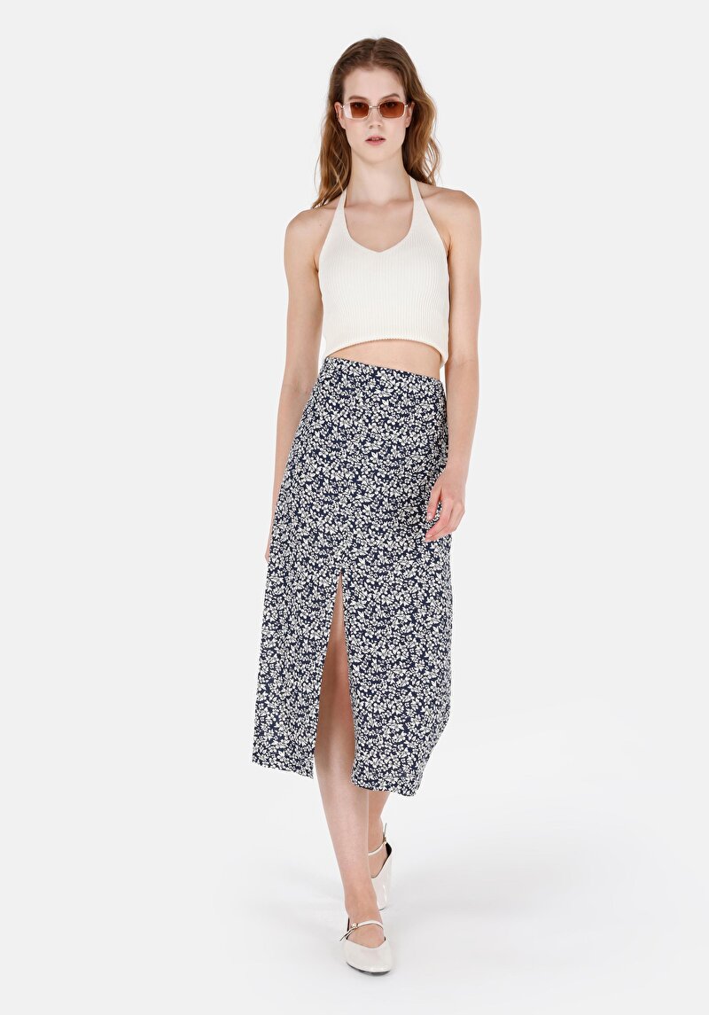 Imagine a Fusta Midi Floral Cu Fermoar Pentru Femei Fustă Bleumarin