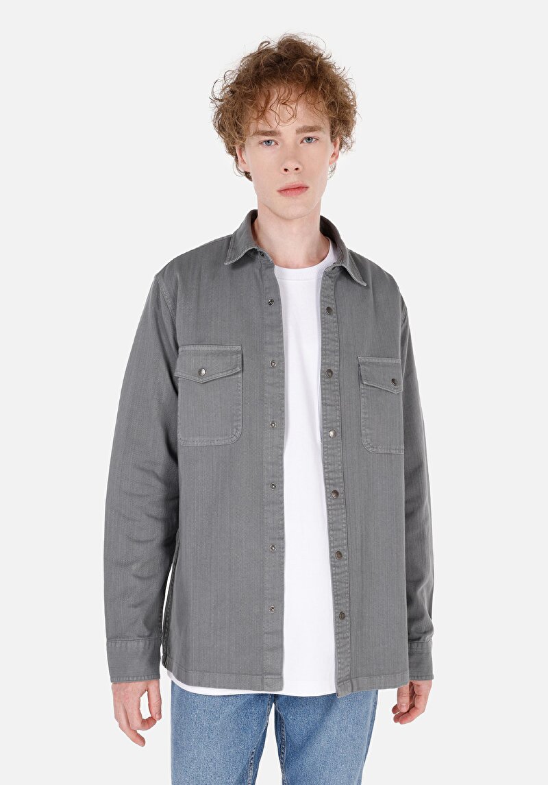 Imagine a Cămașă Comfort Fit Neck Drept Bărbați Gri Cămașă Cu Mânecă Lungă