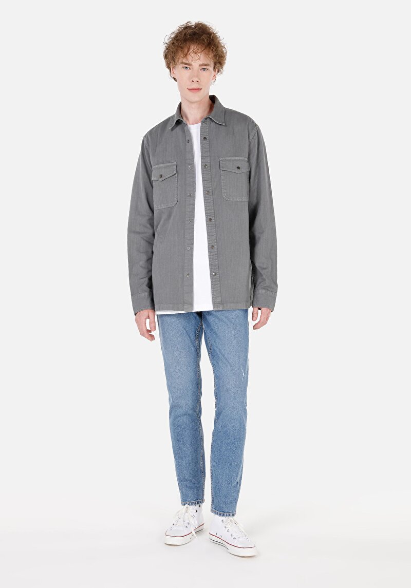 Afișați detalii pentru Cămașă Comfort Fit Neck Drept Bărbați Gri Cămașă Cu Mânecă Lungă