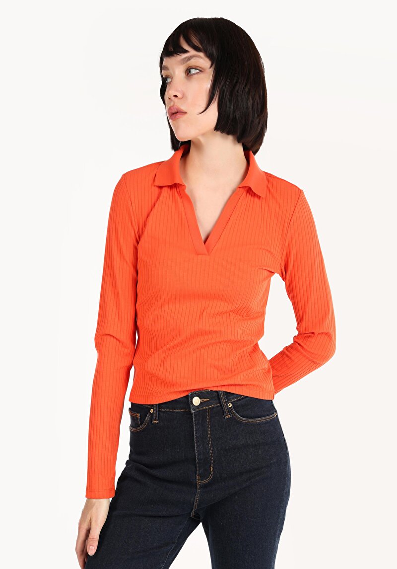 Imagine a Slim Fit Polo Collar Drept Portocaliu Manșon Lung Pentru Femei Tricou Cu Mânecă Lungă