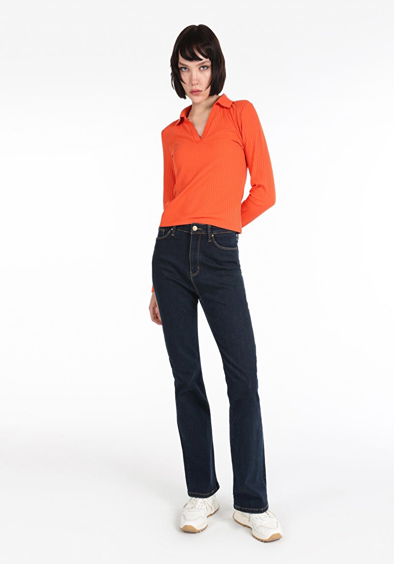 Imagine a Slim Fit Polo Collar Drept Portocaliu Manșon Lung Pentru Femei Tricou Cu Mânecă Lungă