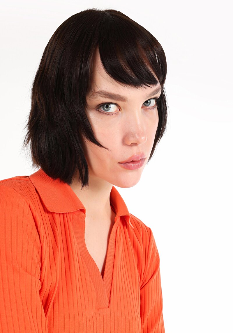 Afișați detalii pentru Slim Fit Polo Collar Drept Portocaliu Manșon Lung Pentru Femei Tricou Cu Mânecă Lungă